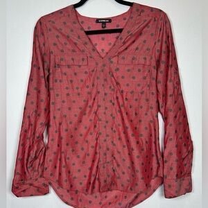 Express Brick Red Sheer Blouse w/ Gray Polka Dots. Buttoned Relaxed Blouse.